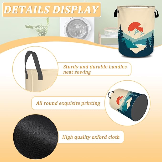 Mountains Sunset Laundry Basket, Nature Scenery Forest Laundry Hamper Foldable Waterproof Tote Bag Dirty Clothes Storage Bucket Toy Organizer for Bathroom/Laundry/Bedroom 15.7"x19.6"