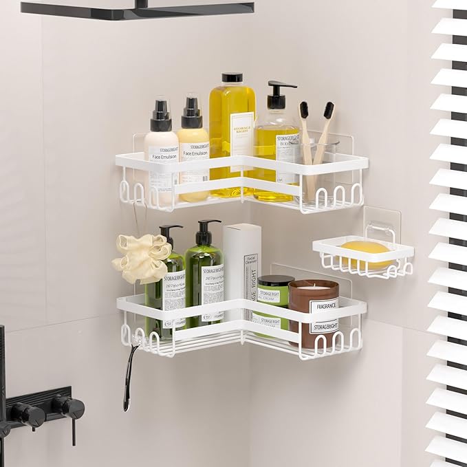 StorageRight Corner Shower Caddy, 3 Pack Adhesive Bathroom Accessories with Soap Holder, Storage Stainless Shower Organizer Shelf with Hooks, No Drilling Shower Shelves for Bathroom(White, Large)