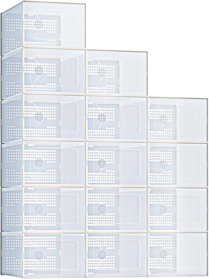 DUMOS Clear Shoe Storage Boxes, 15-Pack Plastic Stackable Shoe Containers with Lids, Display Sneaker Case Organizer for Closet, Under Bed, Entryway,White (Fit Size 11)