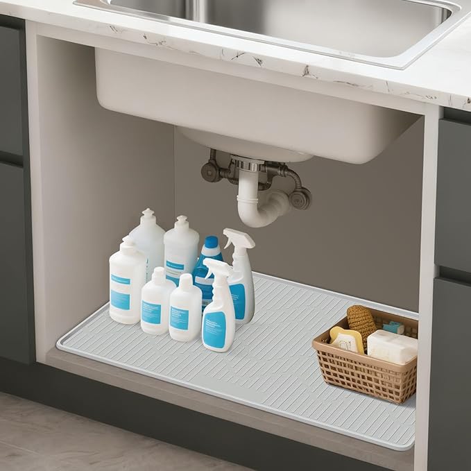 Lanstics 32" x 22" Under Sink Mat for Kitchen Under Sink Organizer Waterproof Raised Edge Silicone Mat Sink Protector Silicone Organizers Tray for Kitchen Bathroom