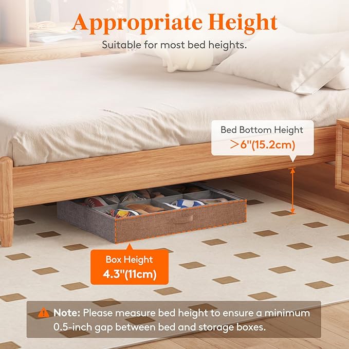 Lifewit Under Bed Shoe Storage Organizer Fits 8 Pair Sneakers, 4.3 Inches Tall Sturdy Structure Ultra Thick Fabic Sneaker Storage, Foldable Underbed Shoe Boxes for Heels, Boots, Sports Shoes 2 Pack