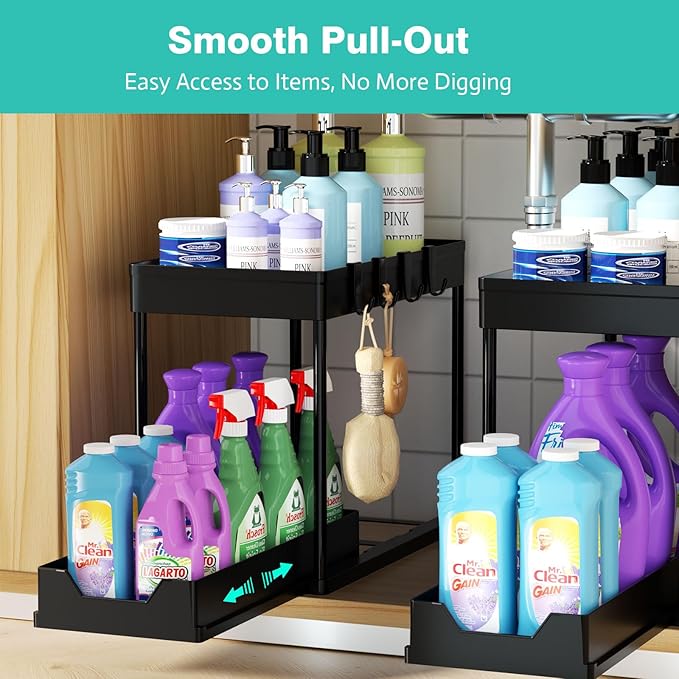 Under Sink Organizers 2 Pack, Pull-Out Sliding Cabinet Organizer with 2-Tier Storage Shelf & 4 Hooks, Multi-Purpose for Kitchen & Bathroom (13 Inch, Black)