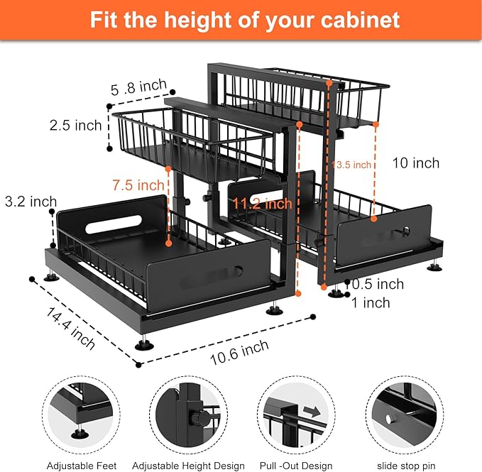 Under Sink Organizer And Storage,Pull Out Cabinet Organizer,2-Tier Slide Out Kitchen Basket Sink Shelf Cabinet Organizers,Adjustable L Shape Under Counter Organizers For Bathroom Kitchen Organization