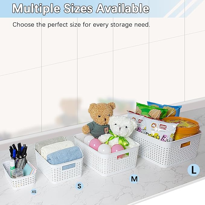 Plastic Storage Baskets for Cabinets, Household Pantry Organization with Handle,Organizer Bins for Room,Bathrooms,Under-Sink,Kitchen (White, S-3PACK)