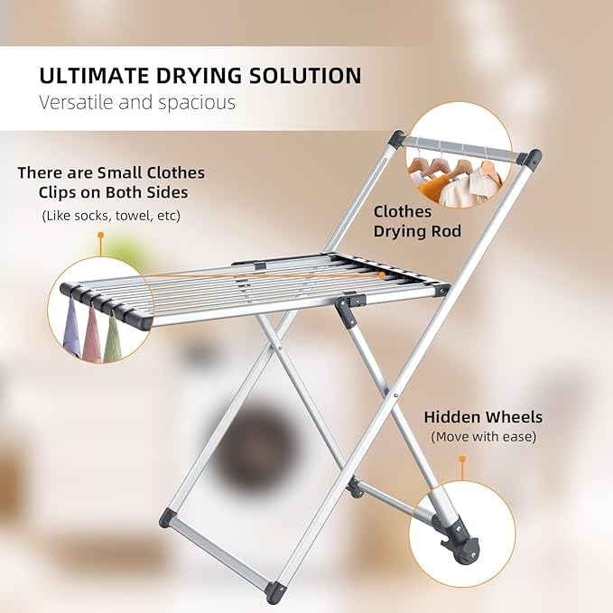 Unkqan Clothes Drying Rack, Foldable Laundry Rack for Indoor Outdoor, 10pcs Sock Clips, Collapsible Space-Saving Drying Rack for Clothes Towels Dolls, White (Gray)