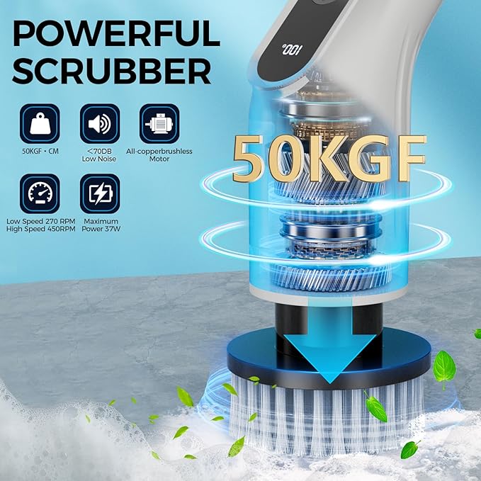 TBFWiCO Electric Spin Scrubber, Shower Cleaning Brush with 8 Replaceable Brush Heads, IPX7 Waterproof & 50KGF High-Torque Motor, Adjustable Long Handle, for Bathroom, Kitchen, Tile & Floor Cleaning