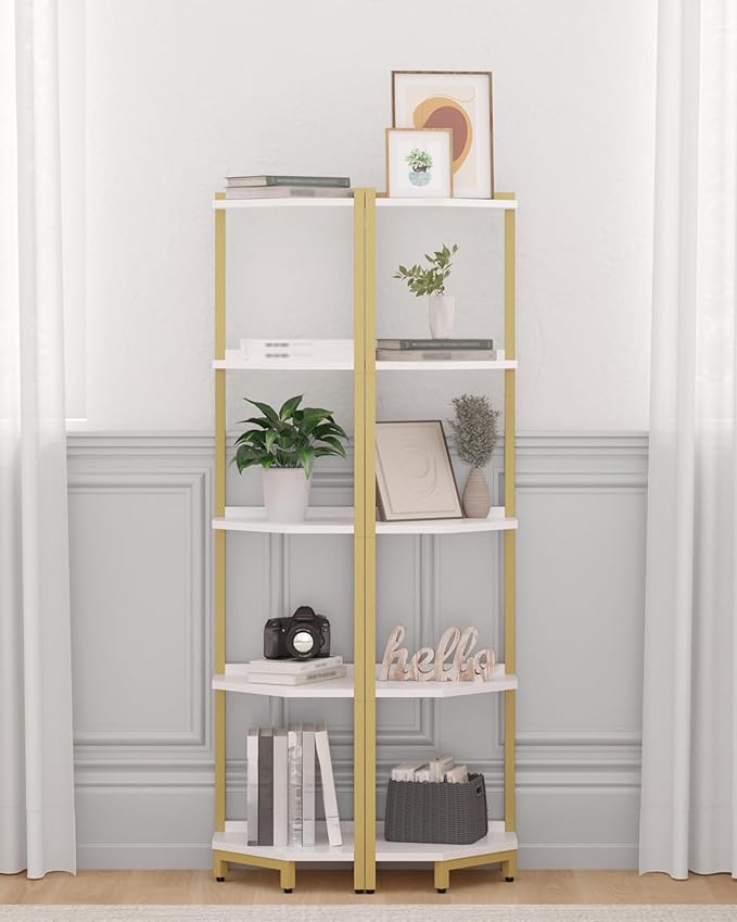 Corner Shelf Stand, Corner Bookshelf, Storage Standing Shelf Unit with Metal Frame, Plant Stand, Bookcase for Living Room, Home Office, Bedroom, 5-Tier White Gold CS05903A