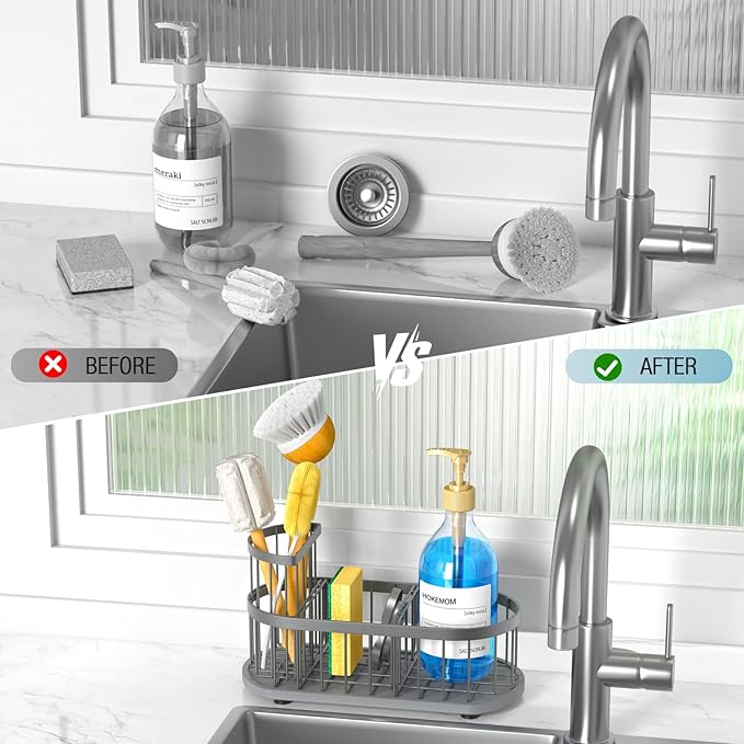 LARGE Kitchen Sink Caddy Organizer,[FLEXIBLE PLACEMENT & FAST-DRYING] Sponge Holder for Kitchen Sink Countertop with High Brush Holder-Rustproof 304 Stainless Steel-9.84"L x 4.72"W x 5.83"H