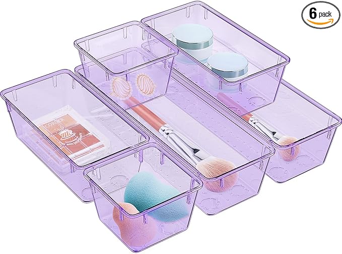 WOWBOX 6 Pack Clear Drawer Organizer Set, Acrylic Drawer Storage Trays, Storage Bins for Makeup, Cosmetics, Jewelries, Utensils, Gadgets, Office, Purple