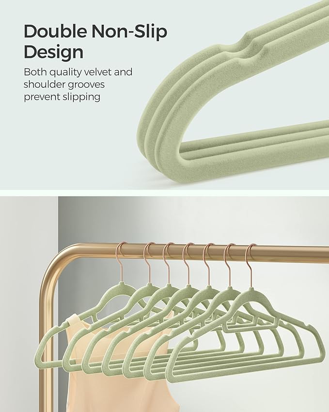 SONGMICS Velvet Hangers, Set of 50 Clothes Hanger with Rose Gold Swivel Hook, Non-Slip, and Space-Saving, 0.2-Inch Thick, 17.1-Inch Long for Coat, Shirt, Dress, Pants, Tie, Lime Green UCRF021GR50