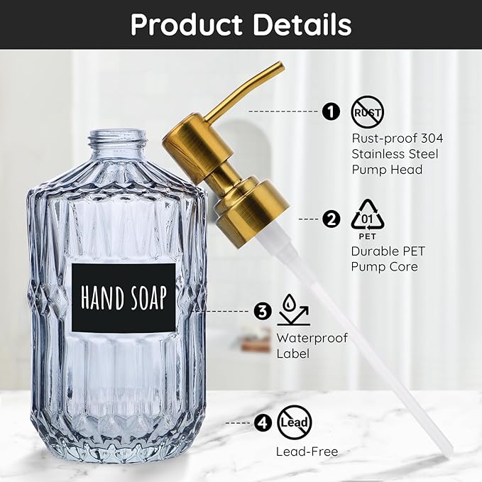 Segbeauty 15.2oz Glass Soap Dispenser Bathroom Bottle, 2pcs Gray Shampoo and Conditioner Dispenser with Labels, 450ml Pump Bottle for Kitchen, Lotion Cream Container with Golden Stainless Steel Pump