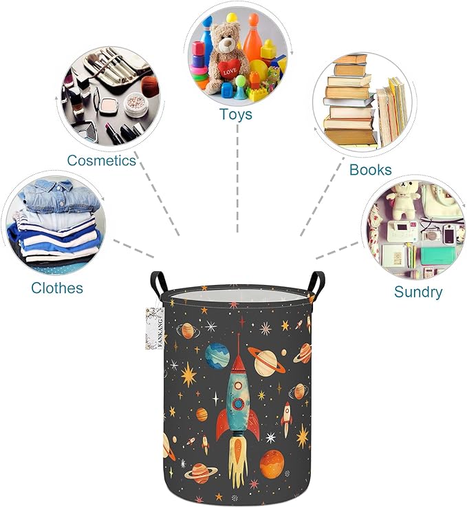 FANKANG Storage Basket, Nursery Hamper Canvas Laundry Basket Foldable with Waterproof PE Coating Large Storage Baskets for Kids Boys and Girls, Office, Bedroom, Clothes,Toys(Space rocket)