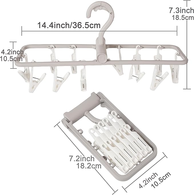 Foshine Clothes Drying Racks 2 Pack Grey Colour Small Folding Portable Underwear Hangers with 12 Clips 360° Rotatable Hook for Socks Drying Towels Bras Baby Clothes Gloves Plast