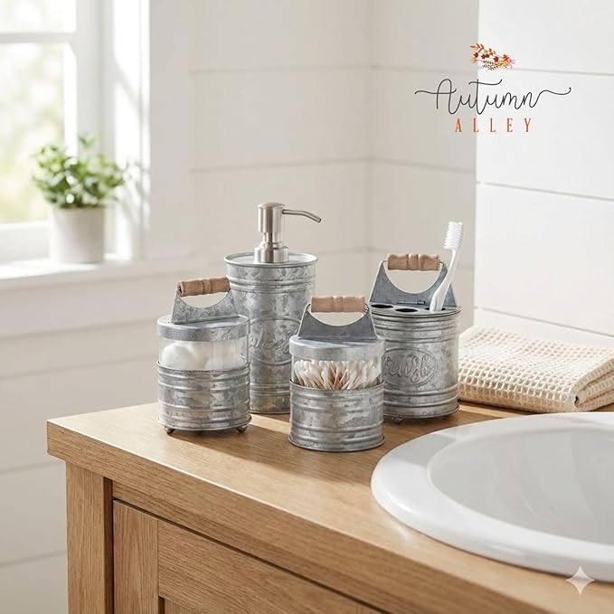 Autumn Alley Rustic Bathroom Accessories Set 4 - Galvanized Soap Dispenser, Rustic Toothbrush Holder, 2 Apothecary Jars Qtip Holder - Western Bathroom Decor – Farmhouse Bathroom Decor Accessories