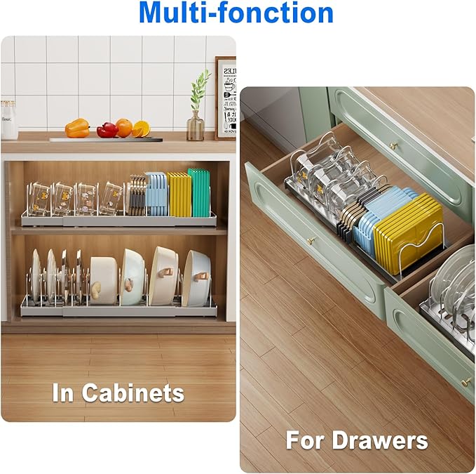 2 Pack Pots and Pans Organizer Under Cabinet, 22" Expandable Food Storage Container Lid Organizers with 9 Adjustable Dividers Pot and Pan Lid Holders Rack Inside Cabinet/Countertop(Gray)