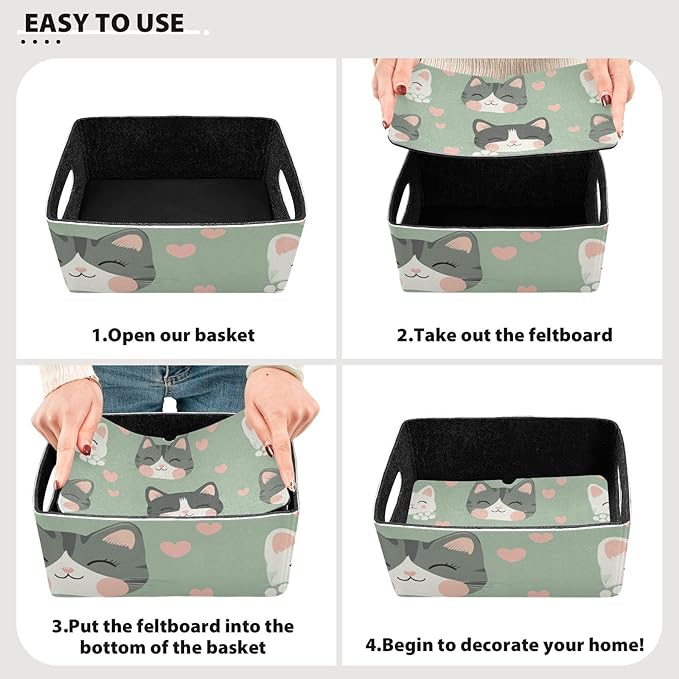 Cats Paw Hearts Sage Green Closet Storage Bins 2 Pcs Felt Open Home Storage Containers Organizer with Handles Collapsible Shelf Basket for Home Office Craft Room Classroom Fabric