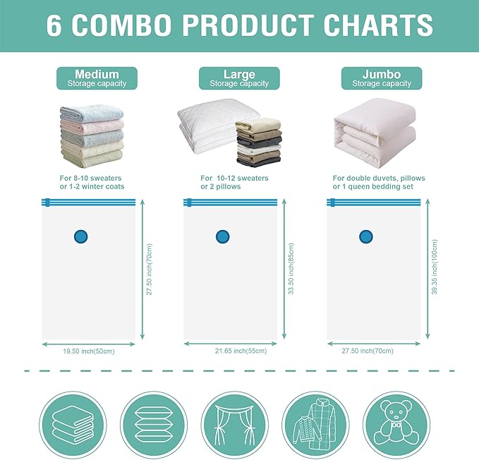 Cozy Essential 6 Pack Vacuum Storage Bags, Space Saver Bags (2 Jumbo/2 Large/2 Medium) Compression Storage Bags for Comforters and Blankets, Pillow, Bedding, Vacuum Sealer Bags for Clothes Storage