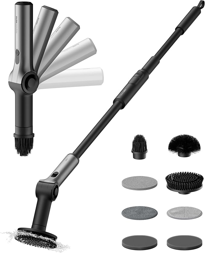 HOTO Flexi™ Cordless Electric Spin Scrubber, Adjustable Angle, Extendable Handle, Smart Display, IPX7 Waterproof, Powerful Cleaning Scrubber with 8 Replaceable Brush Heads, for Bathroom, Tile, Bathtub