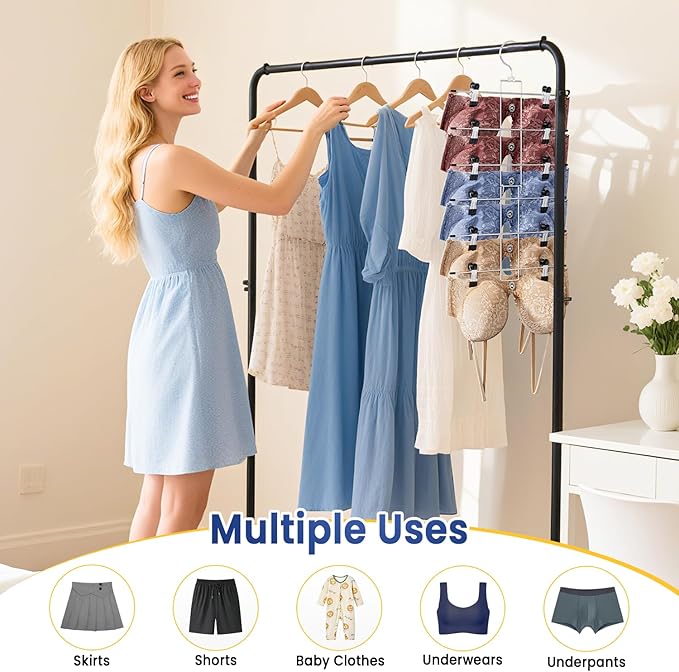 DAMITA Skirt Pants Hangers with Clips Space Saving Hanging Closet Organizer 6 Tiers Hanger with 360° Swivel Hook, Finger-Safe Design- College Dorm Room Apartment Essentials 1-Pack