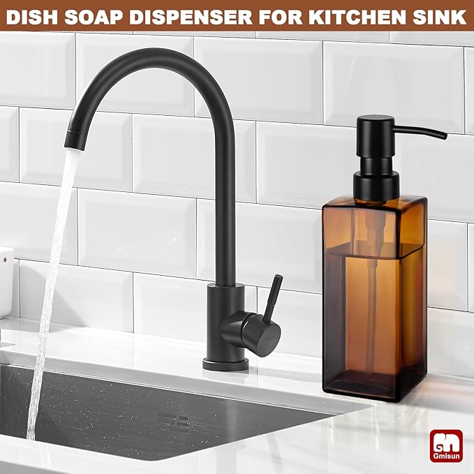 GMISUN Amber Glass Soap Dispenser, Hand Soap Dispenser with Stainless Steel Pump for Bathroom, 12 fl oz/350ml Refillable Dish Dispensers for Kitchen, Modern Liquid Lotion Bottles for Countertop