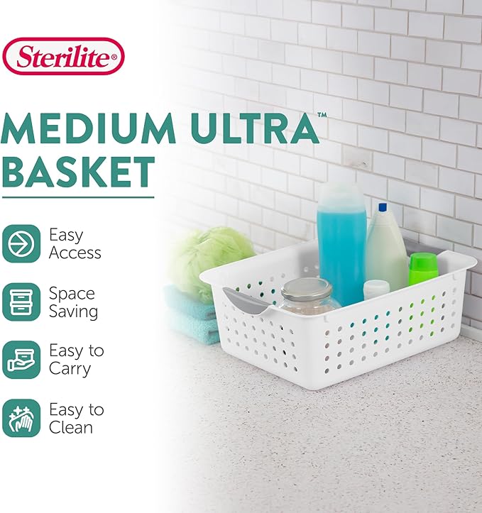 Sterilite 18-Pack Medium Ultra Basket, Open Top Plastic Storage Organizer, White - Classic Baskets for Organizing Countertops, Pantry Shelves, Kitchen Cabinets, Laundry Rooms or Home Offices