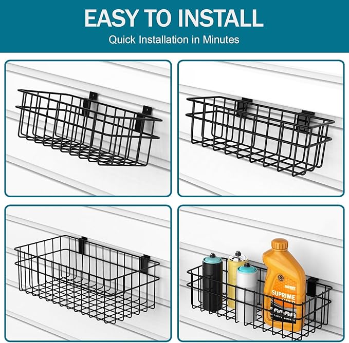 4 Pack Large Size Slatwall Baskets Set, Ventilated Metal Hanging Storage Slat Wall Basket, Mounted Slatwall Accessories for Garage Storage Organizing Display on Slatwall Panels bins (Black)