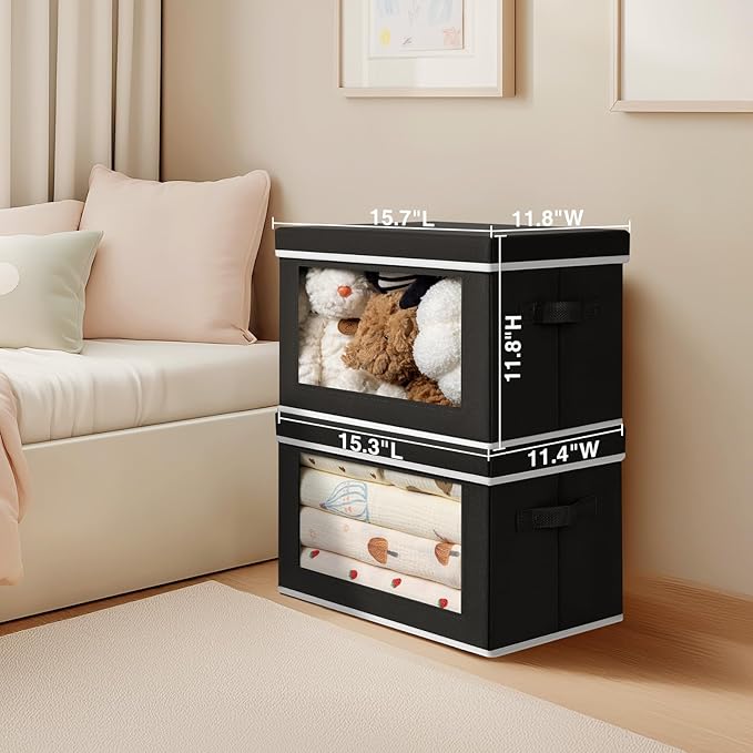 Large Storage Baskets with Lids - Stackable Cube Bins for Closet, 6 Pack Black Windows Organizer Bins, Home Organizers and Storage for Clothes, CD, Towels