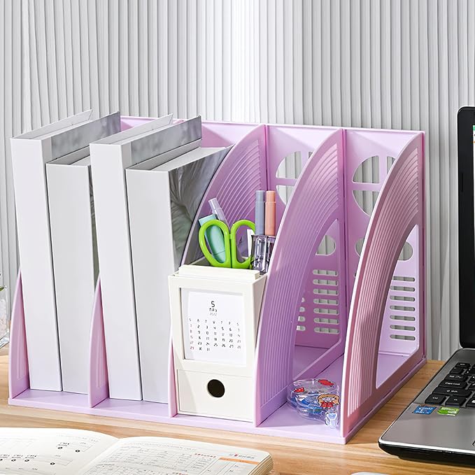 SAYEEC Sturdy Magazine Holder 4 Compartments Plastic Desktop File Organizer File Dividers Office Organizer Storage Document Magaizne Rack Display Box (Purple)