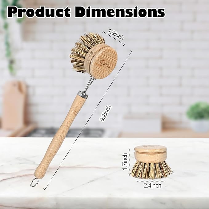 Bamboo Dish Scrubber with Handle - Hard Bristle, Natural Dish Brush, Sustainable & Biodegradable, Kitchen Scrub Brush for Dishes, Iron Pots, Baking Trays, Barbecue Grills