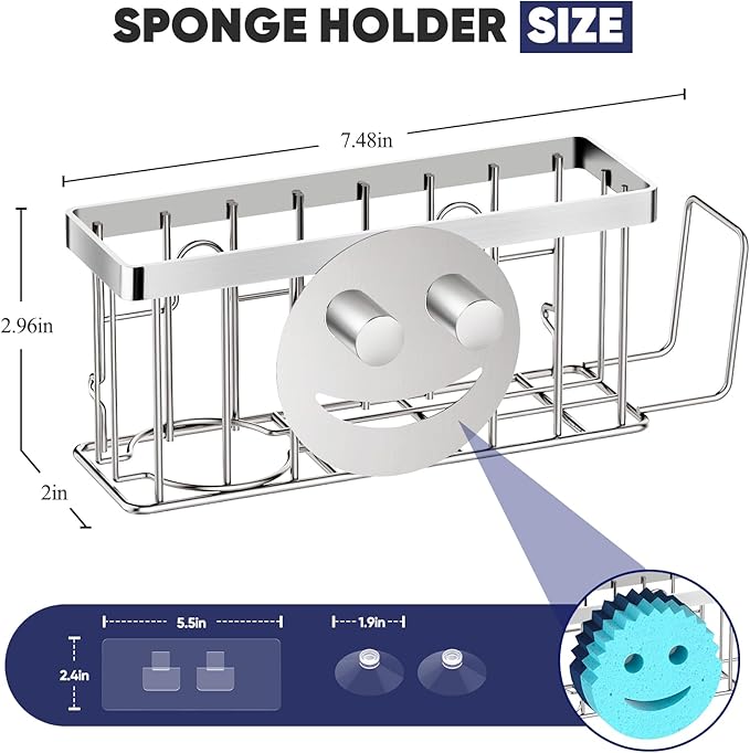 Sponge Holder for Kitchen Sink,Sink Caddy Smiley Face,4-in-1 Sponge Holder with Suction Cups & 1 PCS Adhesive Strips for Holding Soap,Brush,Scrubber,Sponge,Stopper-Silver