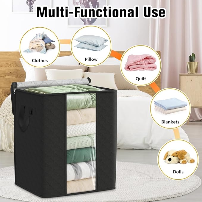 Clothes Storage Bags, 8-Pack Comforter Blanket Organizers, 80L Large Capacity Containers with Visual Window for Clothing, Quilt, Sheet, Pillow, Closet Organization for Bedding (Black)