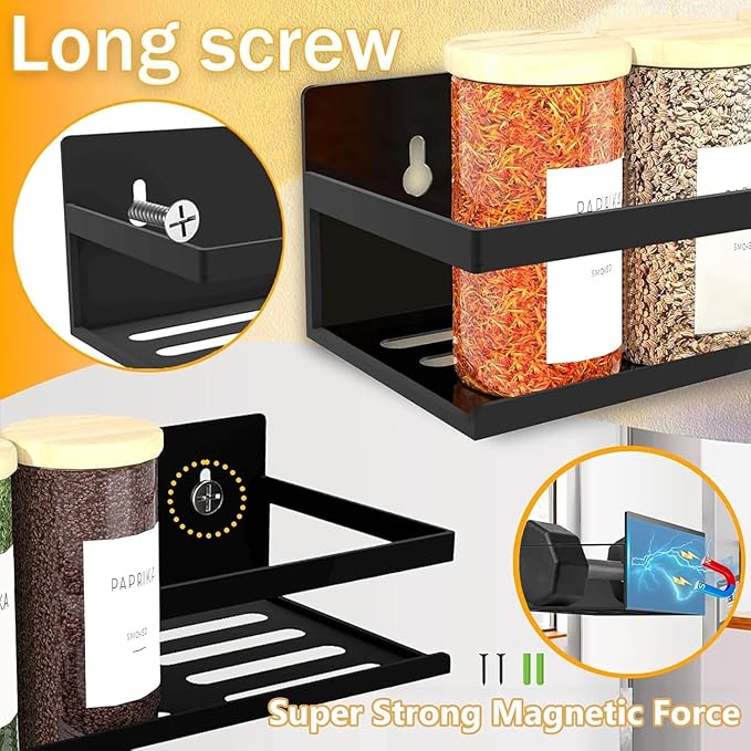 Magnetic Spice Rack Organizer for Fridge Seasoning Organizer for Kitchen storage with Screw Magnetic Shelf with Hook for Refrigerator and Oven (4pack-Black)