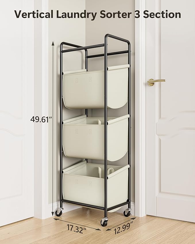 Moforoco Vertical Laundry Sorter 3 Section with Removable Bag, Laundry Hamper with Wheels, 120 L Rolling Laundry Baskets organizer for Bathroom, Apartment, Dorm Room, Beige