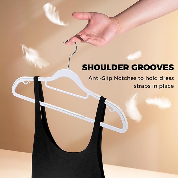 Quality Clothes Hangers 50 Pack - Non-Velvet Plastic Hangers for Clothes - Heavy Duty Coat Hanger Set - Space-Saving Closet Hangers with White Swivel Hooks - Functional Non-Flocked