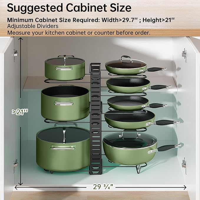 MUDEELA Pots and Pans Organizer Rack for under Cabinet, 8-Tiers Adjustable Pot Rack with 3 DIY Methods, Expandable 11.65'' to 19" Pot Lid Organizer for Kitchen Pantry Cabinet Organization and Storage