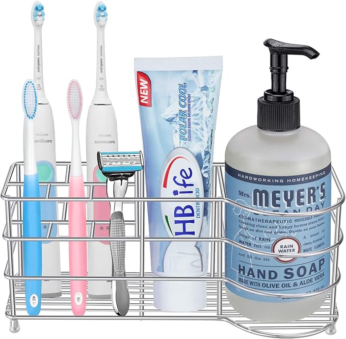 HBlife 7 Slots Toothbrush Holder, X-Large Stainless Steel Bathroom Decor, Silver Electric Toothbrush Holder for Bathroom, Bathroom Counter Organizer for Small Spaces