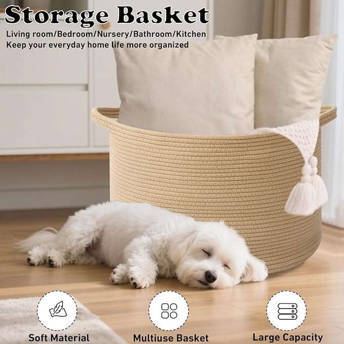 65L Large Blanket Basket,19.7" L x 19.7" W x 13" H Rope Woven Baskets with Handles, Toys Storage Bins,Laundry Basket Perfect for Living Room, Nursery,Bedroom,Home Organization,Camel