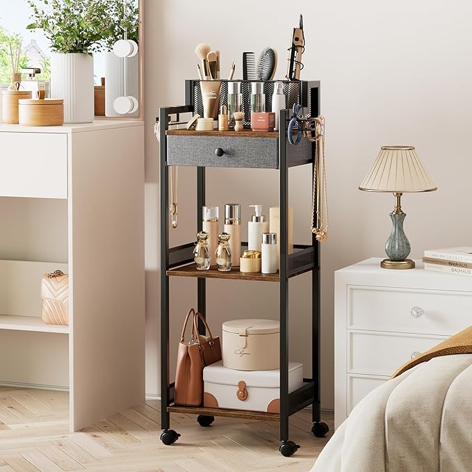 Bathroom Storage Organizers with Drawer, 3 Tier Metal Rolling Standing Unit with Toilet Paper Holder, Multifunctional Floor Corner Rack for Cosmetic, Dryer Curling Irons 12.8in Wide Black