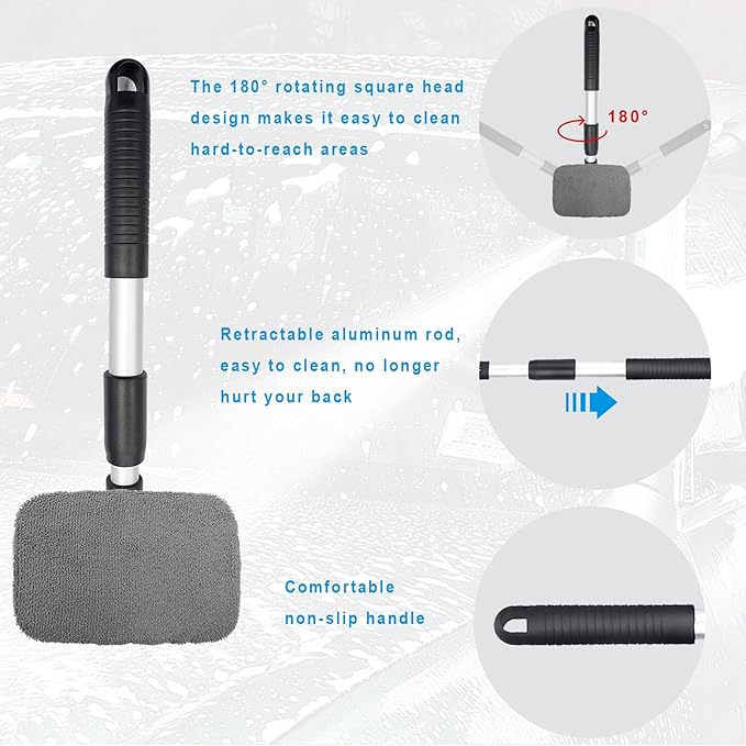 Ziciner Car Windshield Cleaner, Microfiber Auto Cleaning Wiper with Aluminum Extendable Handle and 2 Washable Reusable Cloth Pad Head, Universal Car Interior Exterior Cleaner Kit (Gray-Rectangle)