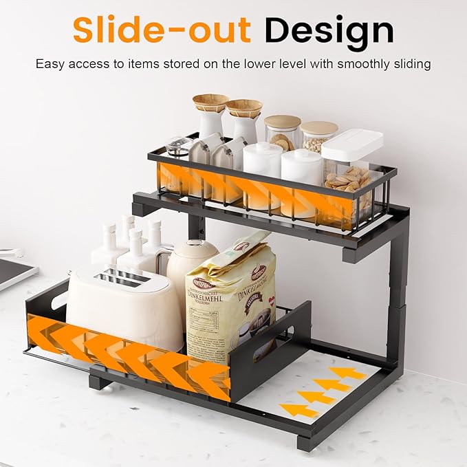 Under Sink Organizer, Heavy Duty Metal Pull Out Cabinet Organizer Slide Out Sink Shelf Organizer Height Adjustable, Multi-Purpose Storage Shelf for Kitchen Bathroom(Black,1Pack)