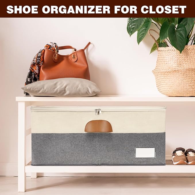 2 Pack Shoe Organizer for Closet, Adjustable Shoe Box Storage Containers, Large Foldable Shoe Bins with Clear Cover, Space Saving Shoes Holder with 4 Handles, Fits 24-48 Pairs, Beige