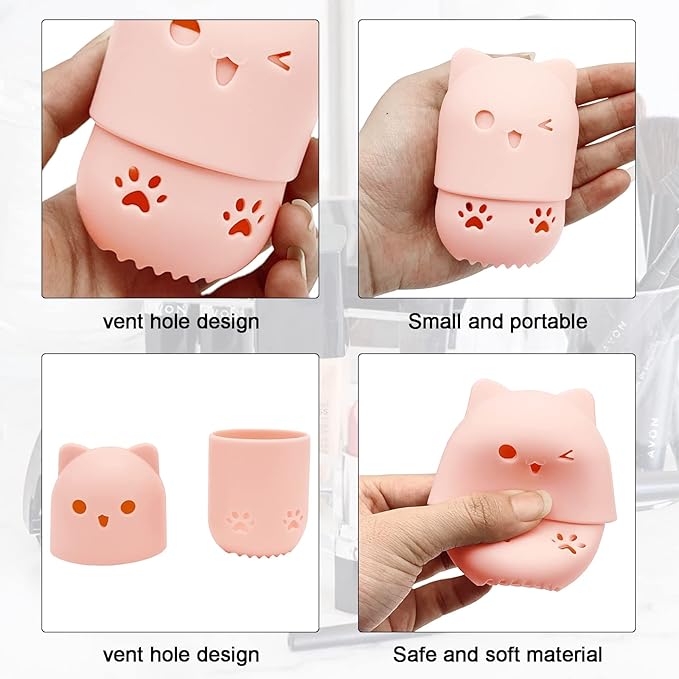 Makeup Sponge Holder Set,Makeup Blending Sponge Storage Drying Rack and Cute Silicon Sponge Carrying Travel Case with 4 Pieces Makeup Sponge Egg for Liquid and Powder