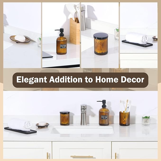 Shinowa Bathroom Accessories Set, 5 Pcs Clear Glass Bathroom Accessory Sets Complete with Soap Dispenser, Toothbrush Holder, Q-Tips Holder, Soap Dish, Ceramic Tray, Vanity Organizer, Brown + Black