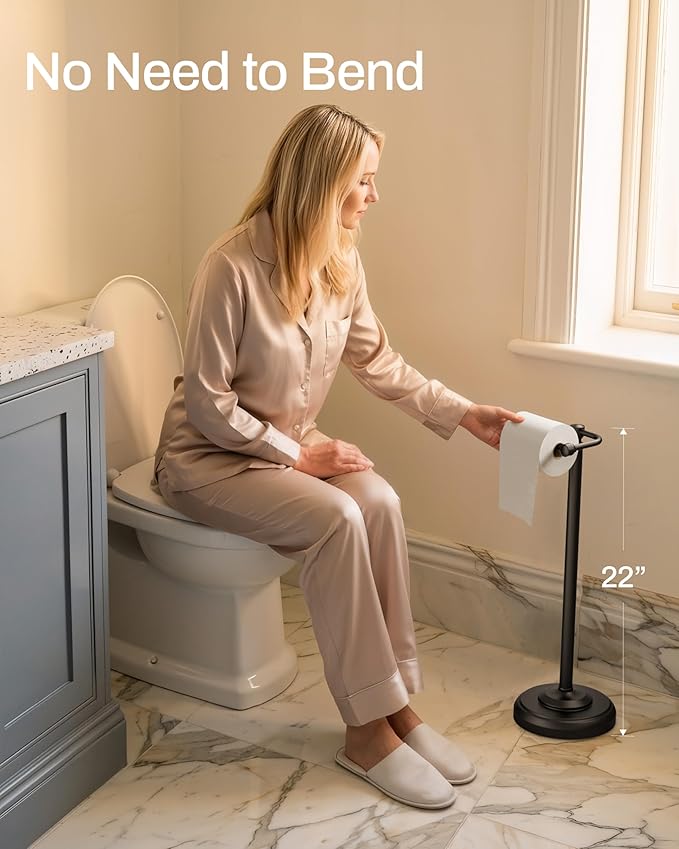 KALLYNB Freestanding Toilet Paper Holder Stand - Rustproof 304 Stainless Steel with Heavy Duty Weighted Base (4.8lbs), 22" Height Pivot Arm Tissue Roll Dispenser, Fits Mega Rolls - Matte Black