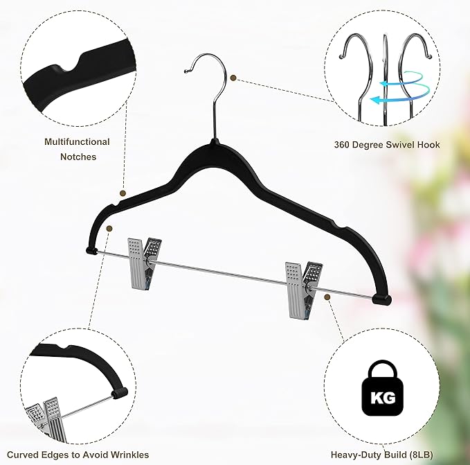 80 Pack Black Quality Plastic Non Velvet Non-Flocked Thin Compact Coat Hangers with Metal Clips for Skirts Pants Blouses 360° Swivel Hook