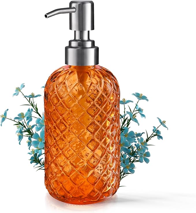 14 Oz Refillable Glass Soap Dispenser with Rust Proof Stainless Steel Pump, for Dispense Hand soap, Body wash, Lotion (Orange)