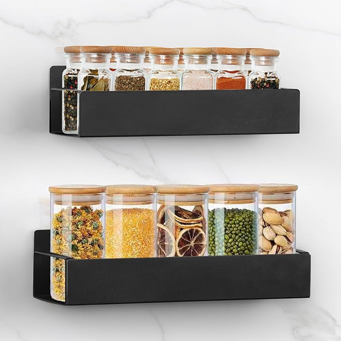 Kitchen Spice Rack for Wall: 2 Packs Black Adhesive Spice Racks Wall Mount - 11.8" Large Hanging Storage Organizer Cabinet Without Drilling for Work Room Bathroom Shelves