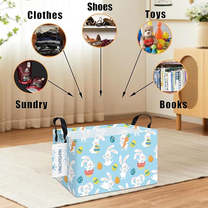 LANGYASHAN Rectangular Storage Bin Collapse Canvas Fabric Cartoon Storage Basket with Handles for Organizing Home Kitchen Boys and Girls Toys Office Closet Shelf Baskets (Rec Blue Rabbit Easter Egg)