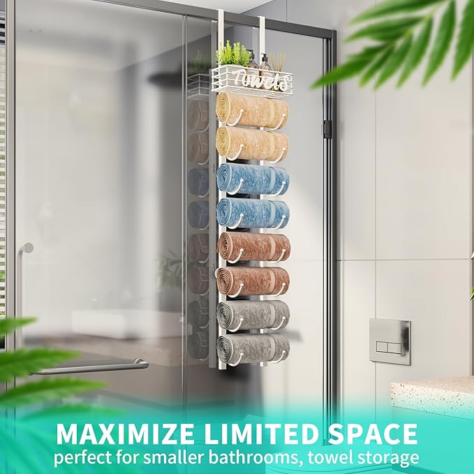 HapiRm Towel Racks for Bathroom Storage - 9 Tier Over The Door & Wall Mount Rolled Towel Storage Organizer Holder with Metal Shelf Basket for Small Bathroom, Camper, Rv - White, Patented