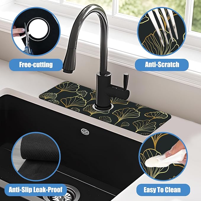Sink Faucet Absorbing Mat Ginkgo Leaves Sink Splash Guard Drying Mat for Kitchen Bathroom Faucet Sinkmat 15.5"X5.5"